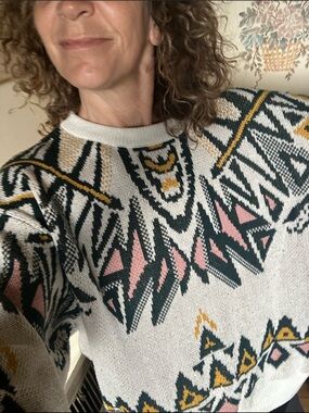 Wrangler Cream, Black, Pink & Yellow Geometric Knit Sweater